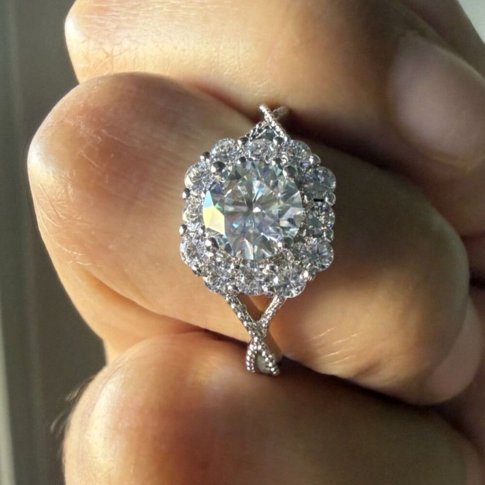1CT Moissanite Floral Halo Ring Size 9 Rhodium Plated GRA Certificate